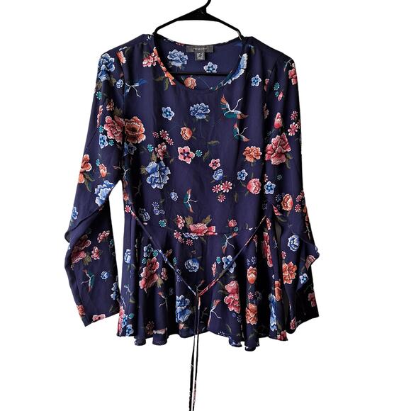 Primark Navy Multicolored Floral & Bird Chiffon Peplum Top waist Fabric Belt -4 - Picture 1 of 9